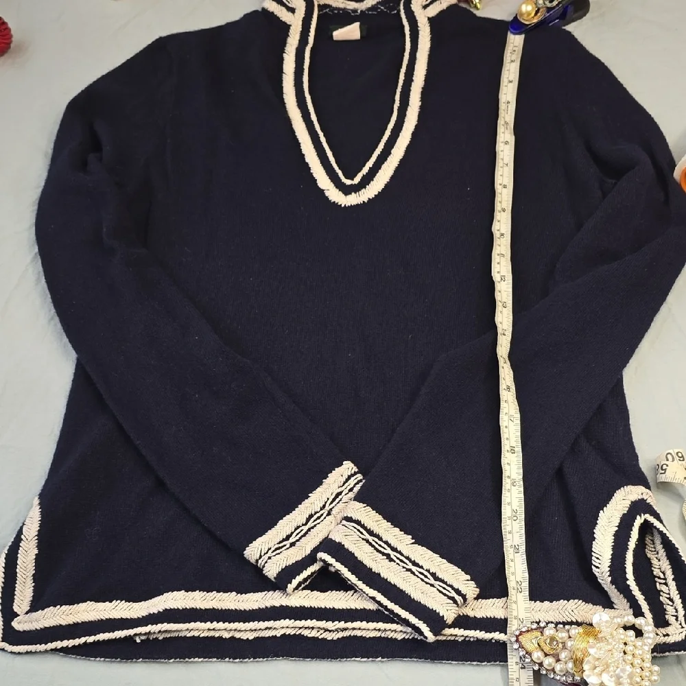 J. Crew Navy V-Neck Sweater with Cream Trim - Picture 3 of 5